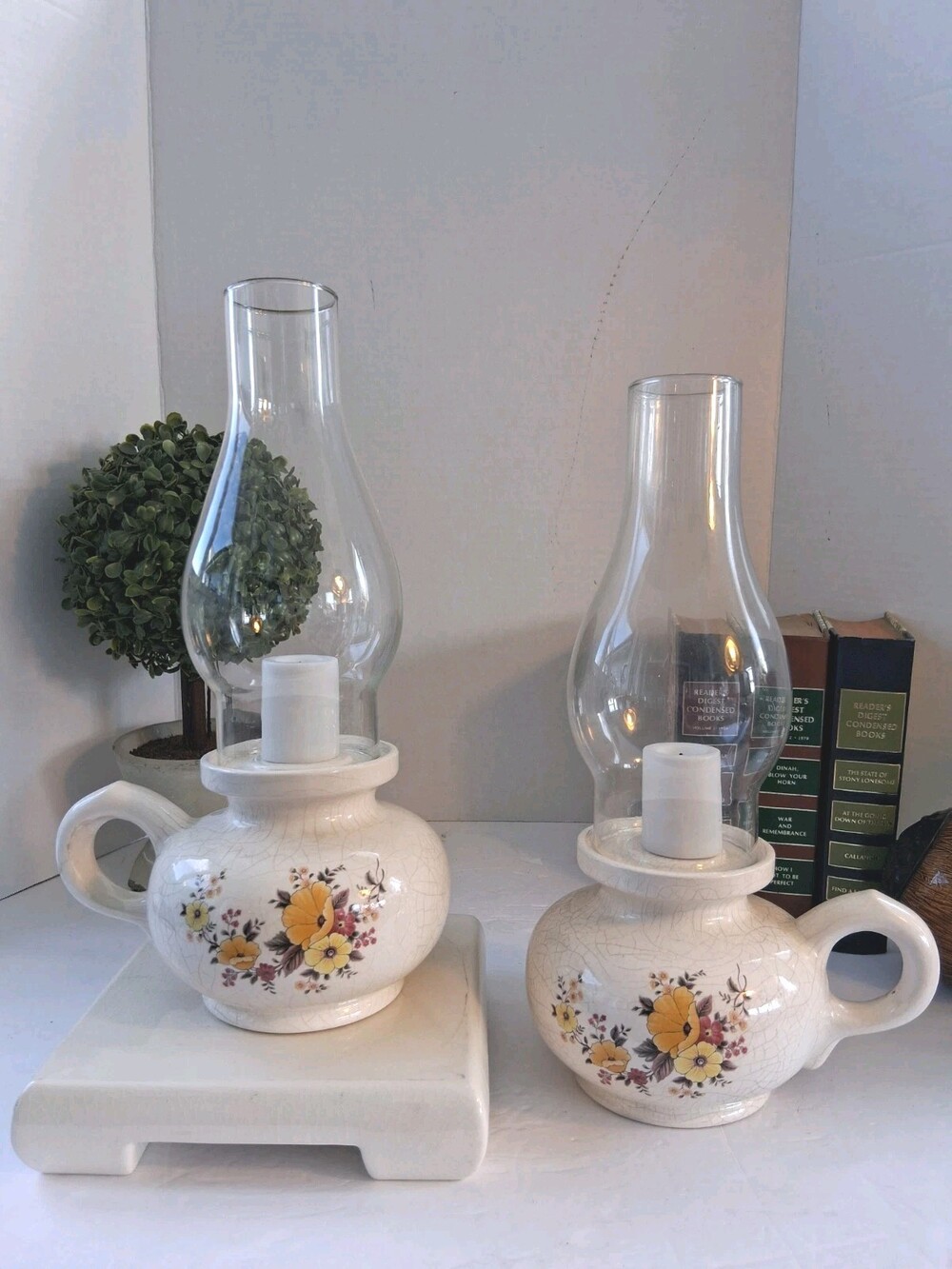 VTG 1970s Ceramic Candle LAMP Set w/ Chimney Shades - EUC